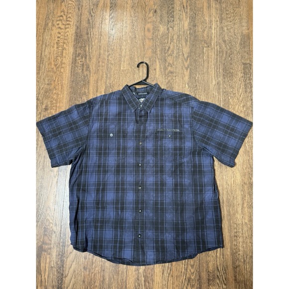 Harley-Davidson Other - Harley Davidson Mens 2XL Blue Black Plaid Short Sleeve Button Up Shirt Biker